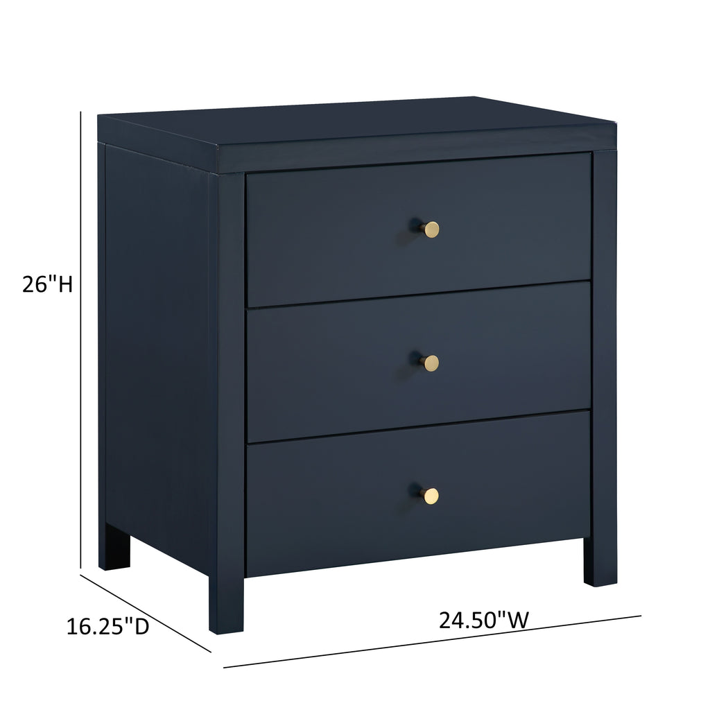 Nevarre 3-Drawer Nightstand in Midnight Blue with Brushed Gold Knobs, Wood and Synthetic Wood Construction