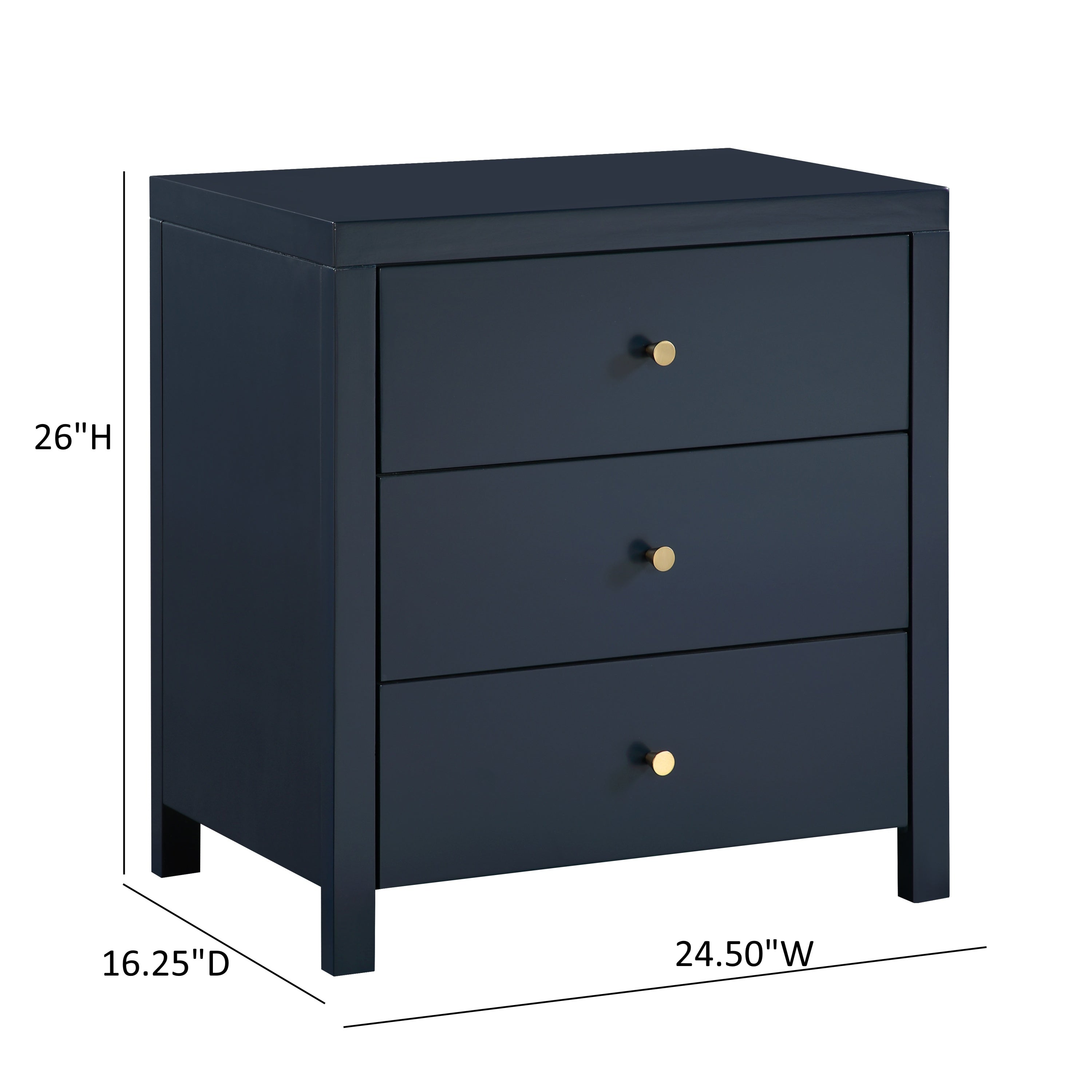 Nevarre 3-Drawer Nightstand in Midnight Blue with Brushed Gold Knobs, Wood and Synthetic Wood Construction
