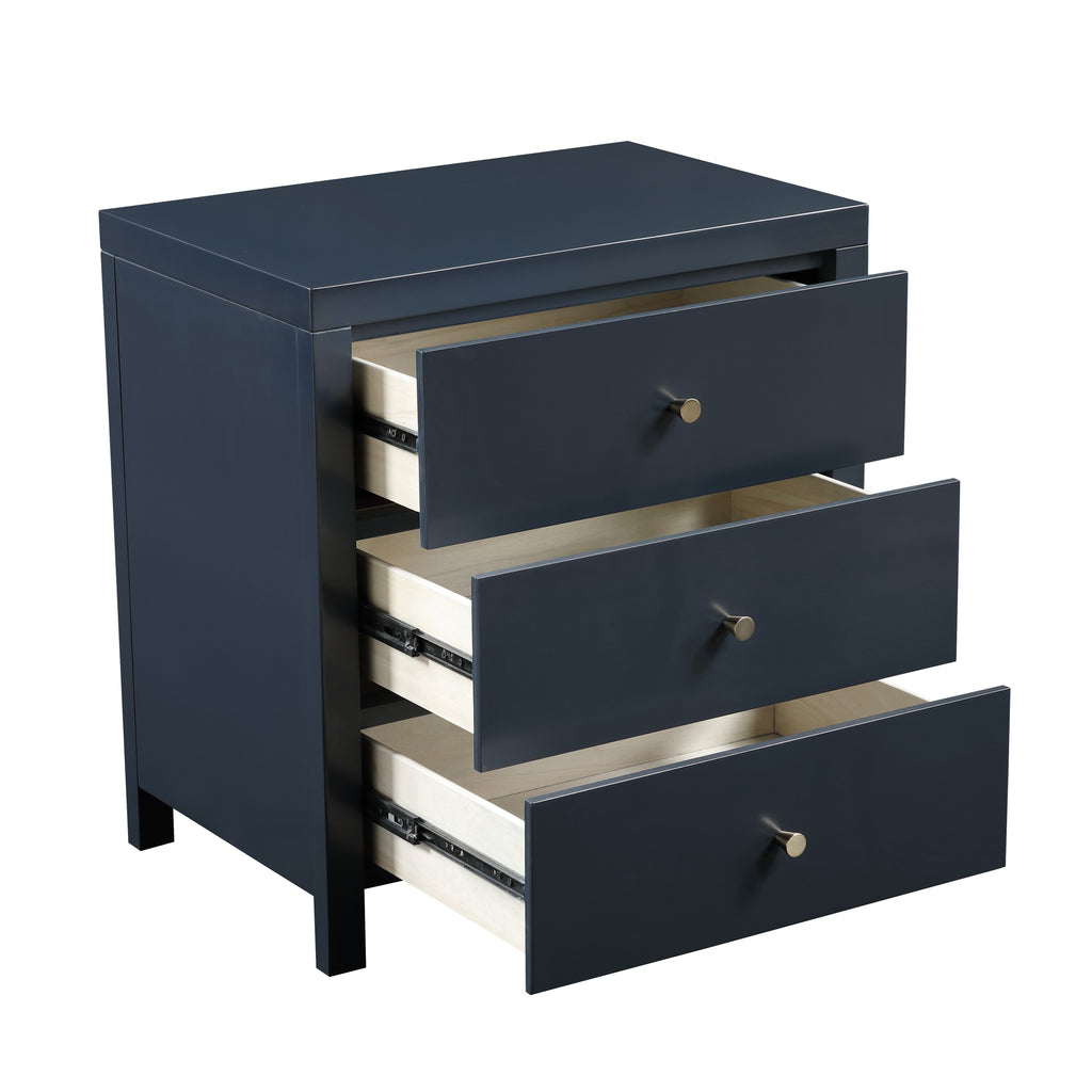 Nevarre 3-Drawer Nightstand in Midnight Blue with Brushed Gold Knobs, Wood and Synthetic Wood Construction