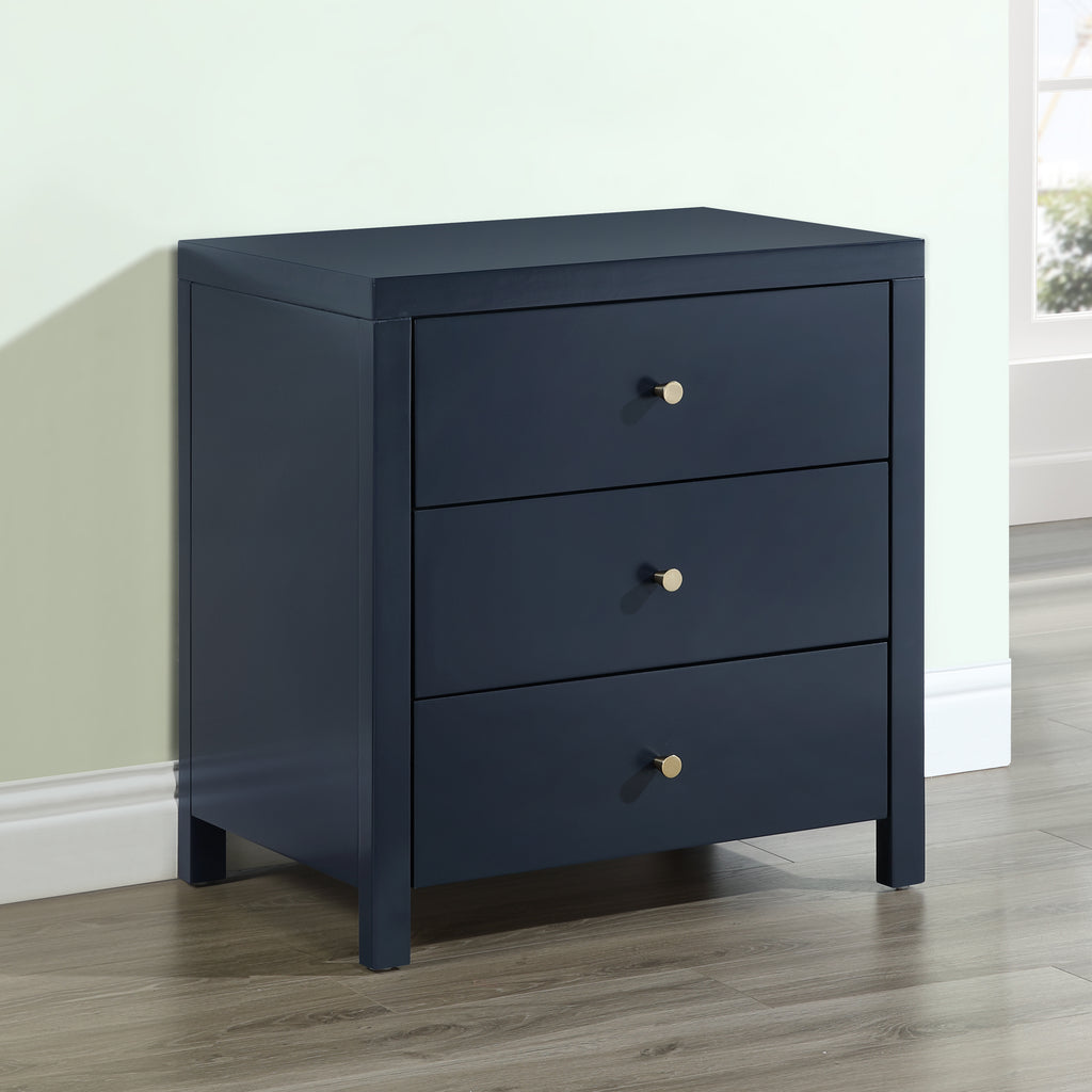 Nevarre 3-Drawer Nightstand in Midnight Blue with Brushed Gold Knobs, Wood and Synthetic Wood Construction