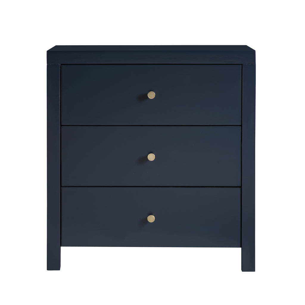 Nevarre 3-Drawer Nightstand in Midnight Blue with Brushed Gold Knobs, Wood and Synthetic Wood Construction