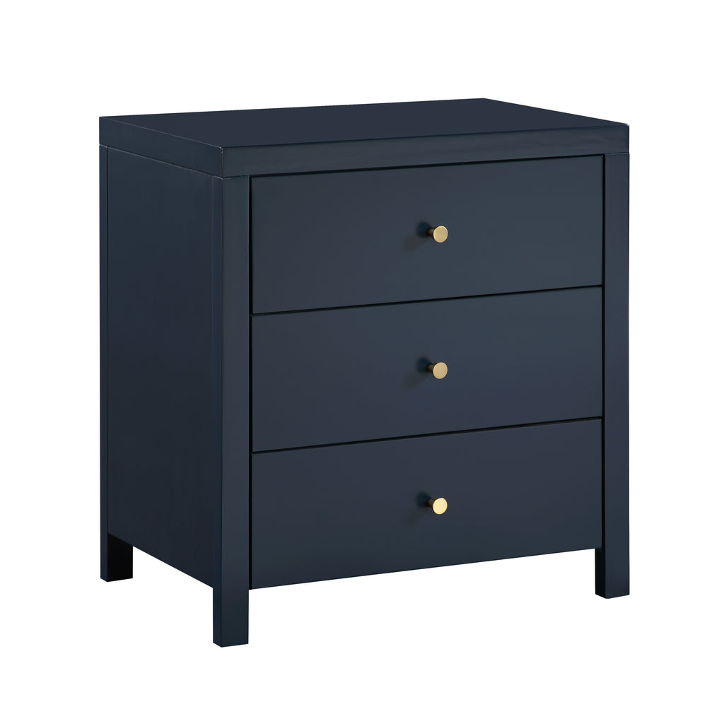Nevarre 3-Drawer Nightstand in Midnight Blue with Brushed Gold Knobs, Wood and Synthetic Wood Construction