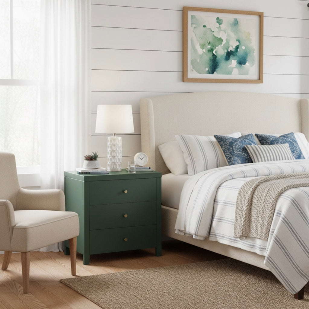 Nevarre 3-Drawer Nightstand in Vintage Green with Brushed Gold Knobs, Wood and Synthetic Wood Construction