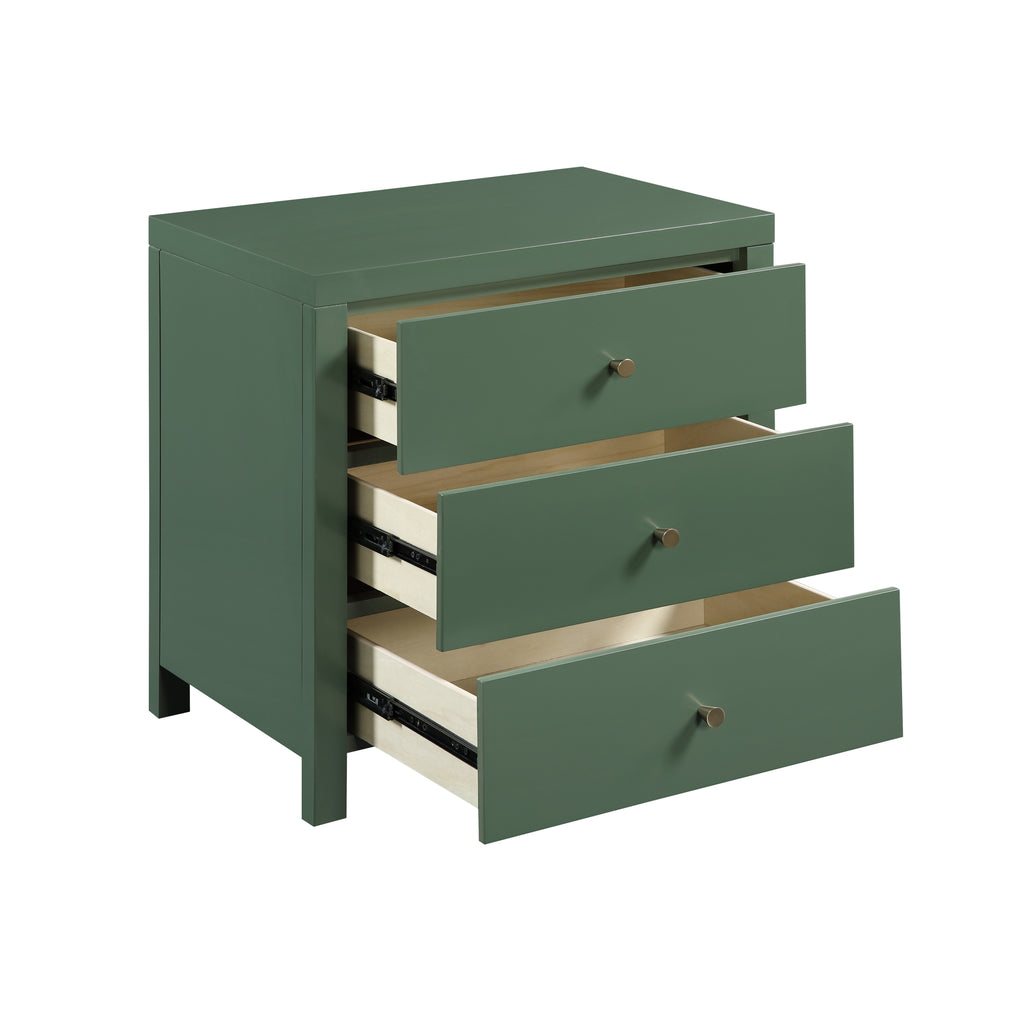 Nevarre 3-Drawer Nightstand in Vintage Green with Brushed Gold Knobs, Wood and Synthetic Wood Construction