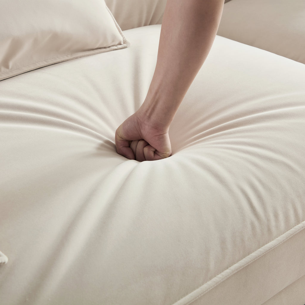 Nordic Modern Beige Sofa with Removable Pillowcase, French Velvet Fabric, Solid Wood Frame, High Density Sponge Filling, 4 Throw Pillows