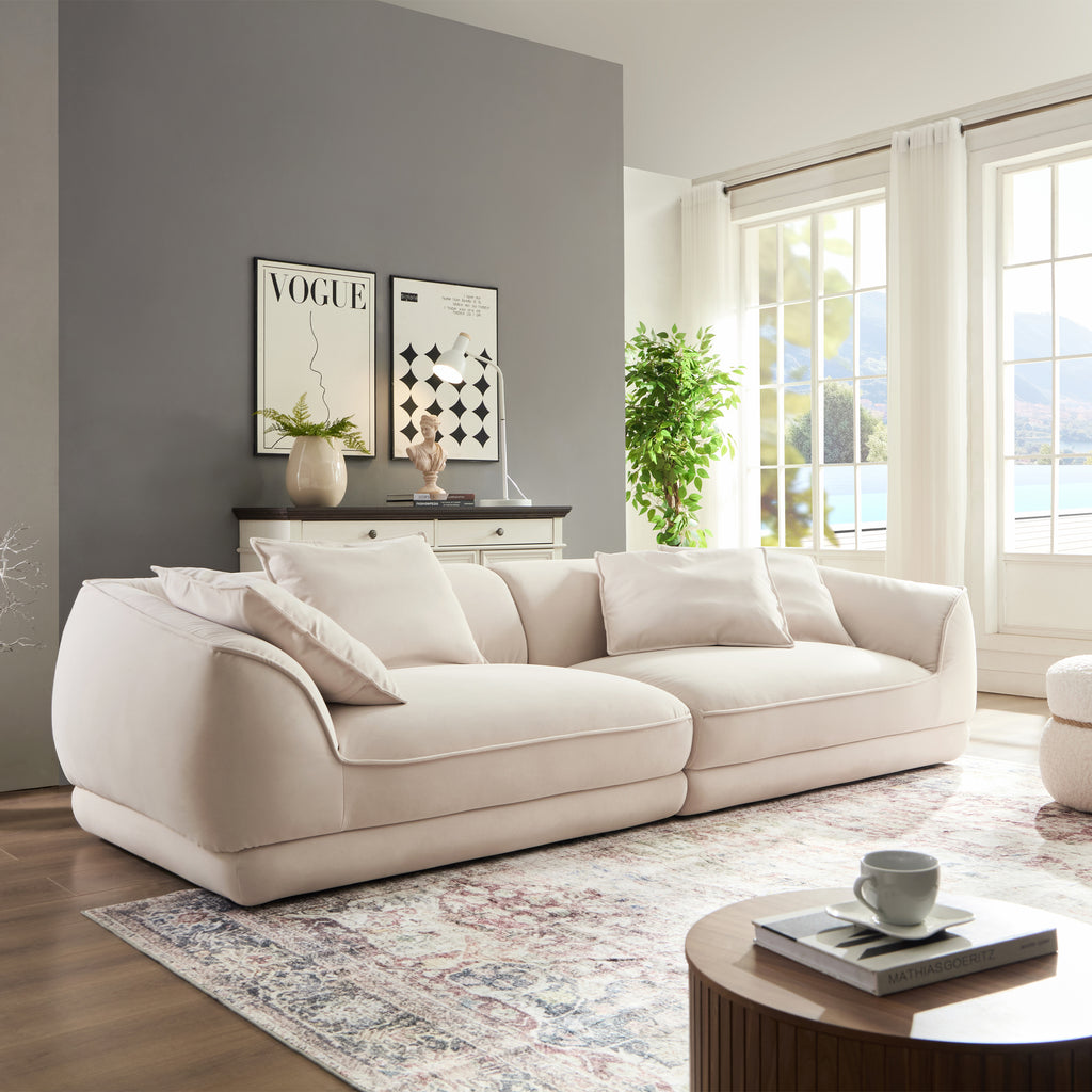 Nordic Modern Beige Sofa with Removable Pillowcase, French Velvet Fabric, Solid Wood Frame, High Density Sponge Filling, 4 Throw Pillows