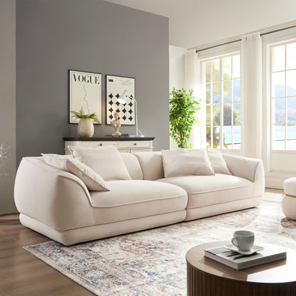 Nordic Modern Beige Sofa with Removable Pillowcase, French Velvet Fabric, Solid Wood Frame, High Density Sponge Filling, 4 Throw Pillows