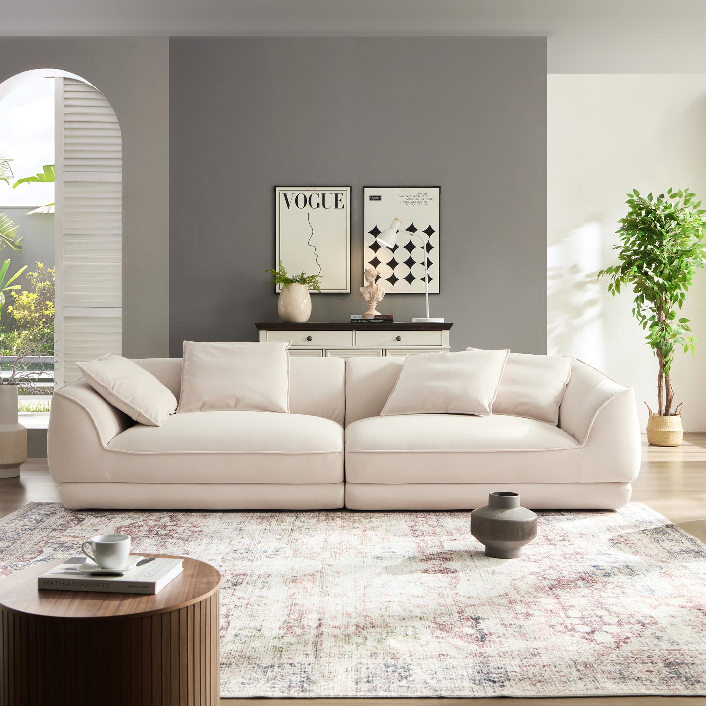 Nordic Modern Beige Sofa with Removable Pillowcase, French Velvet Fabric, Solid Wood Frame, High Density Sponge Filling, 4 Throw Pillows