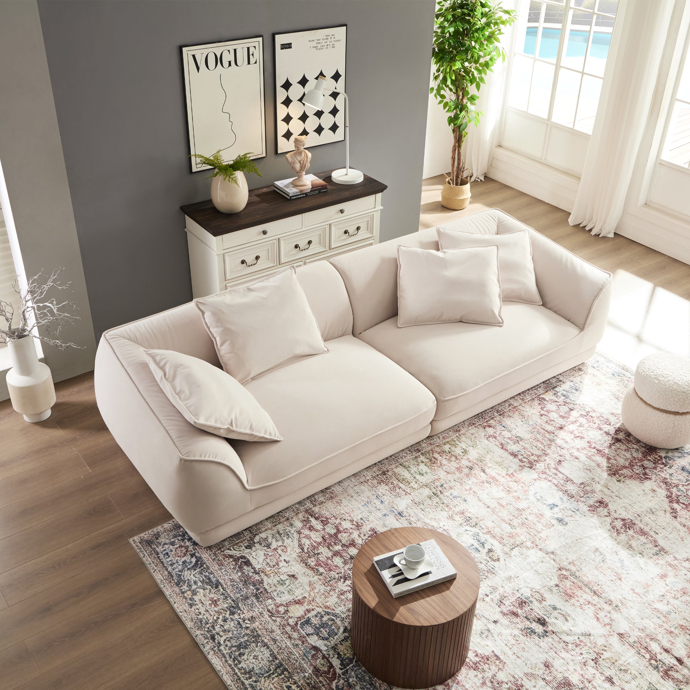 Nordic Modern Beige Sofa with Removable Pillowcase, French Velvet Fabric, Solid Wood Frame, High Density Sponge Filling, 4 Throw Pillows