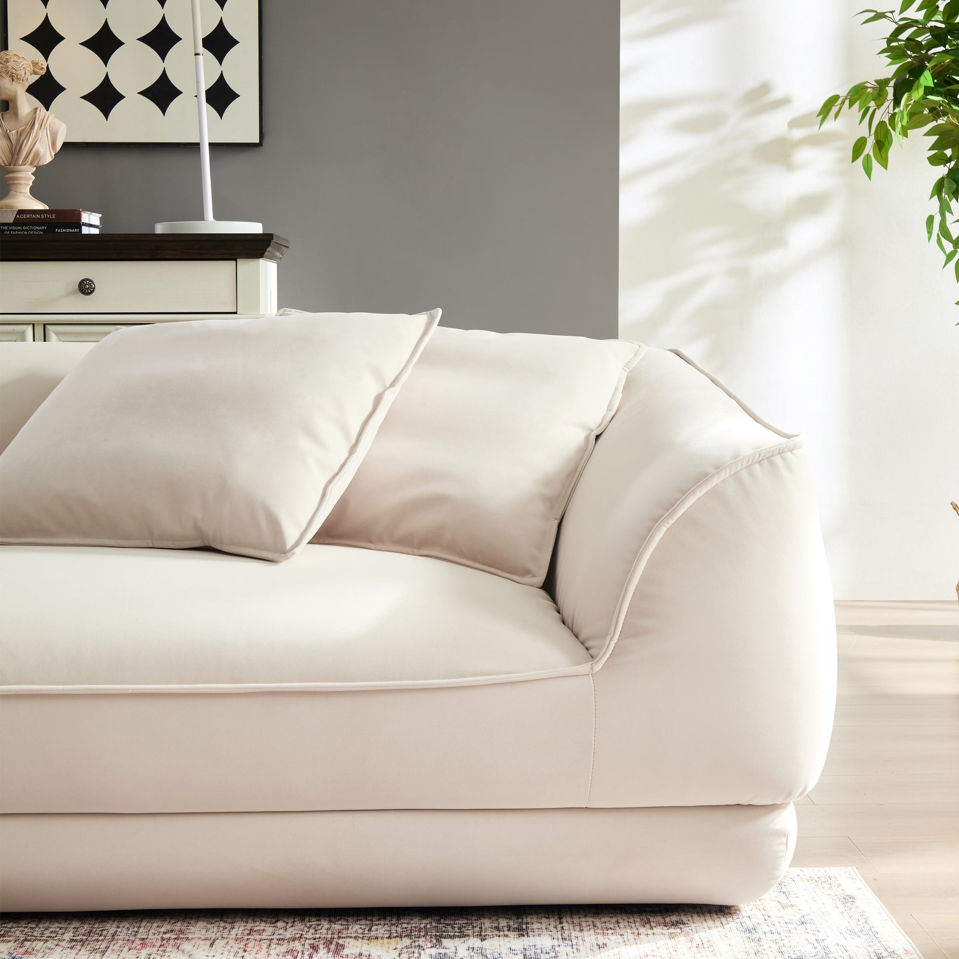 Nordic Modern Beige Sofa with Removable Pillowcase, French Velvet Fabric, Solid Wood Frame, High Density Sponge Filling, 4 Throw Pillows