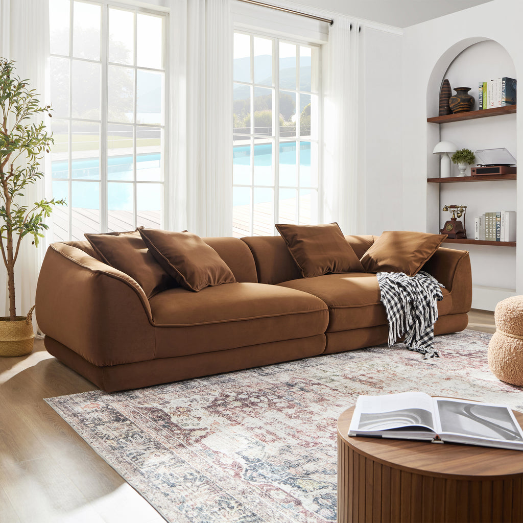 Nordic Modern Camel Sofa with Detachable Pillowcase, French Velvet Fabric, Solid Wood Frame, High Density Sponge Filling Sofa