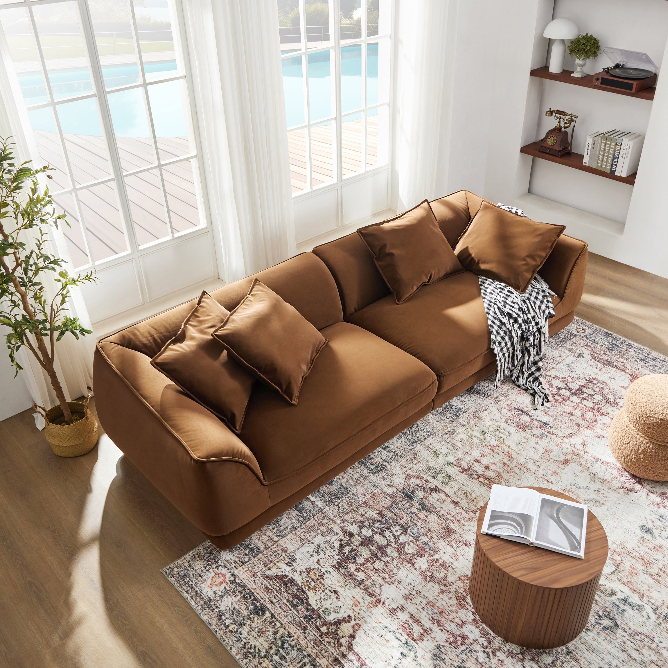 Nordic Modern Camel Sofa with Detachable Pillowcase, French Velvet Fabric, Solid Wood Frame, High Density Sponge Filling Sofa