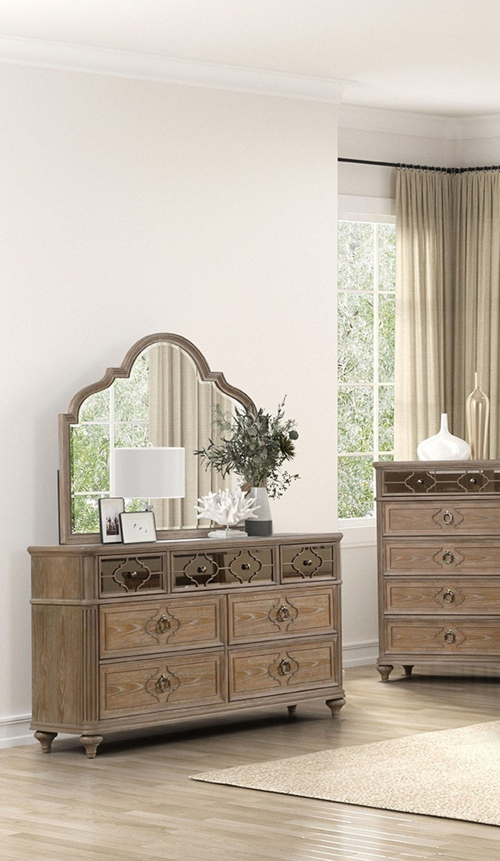 Simple Contemporary 1pc Dresser Rustic Oak Veneer Solid wood English Back Dovetail Drawers Bedroom Furniture Mirror Panel