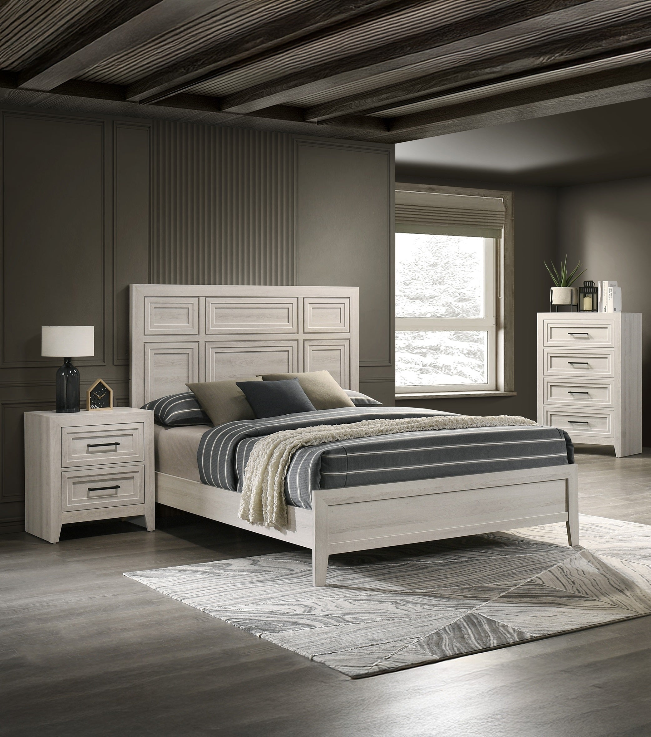 1pc Contemporary Four Drawer Chest Geometric Design Off-White Finish Wooden Furniture