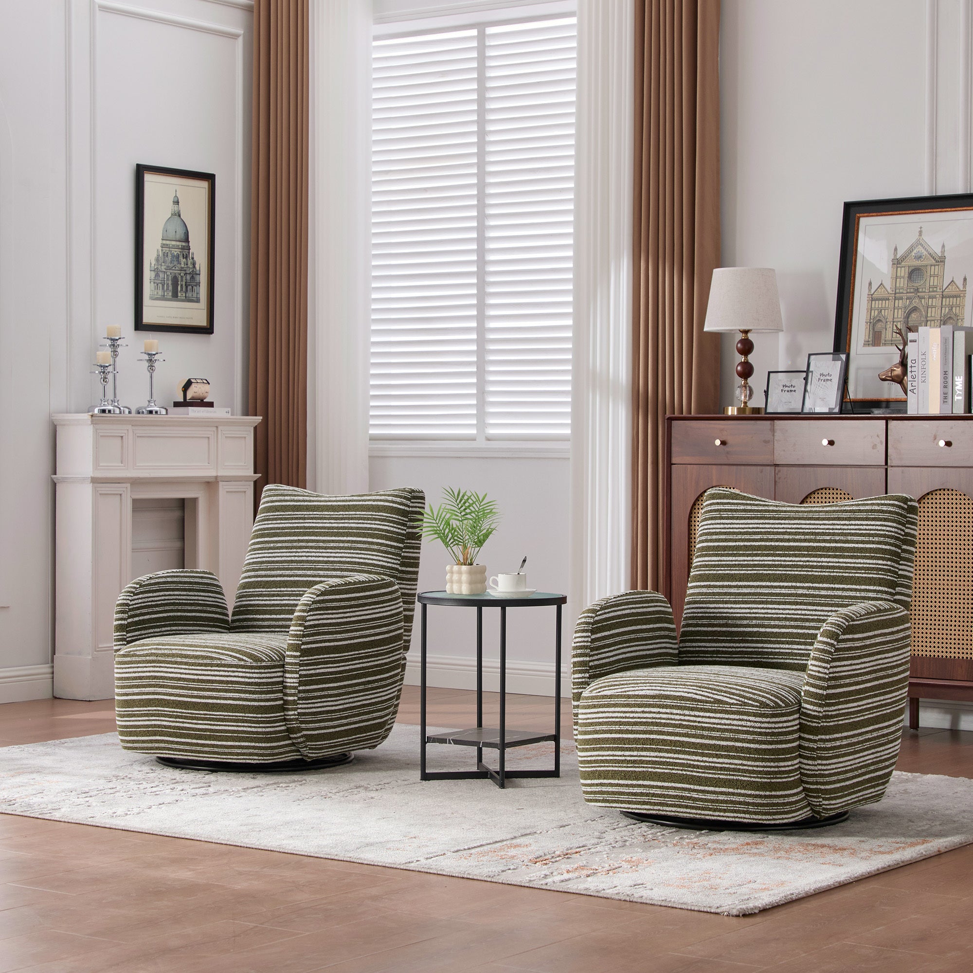 Modern Style 360° Swivel Leisure Chair Fabric Striped Armrest Swivel Chair with sand-rimmed fabric and metal bracket, suitable for living room, balcony and bedroom Accent Chair