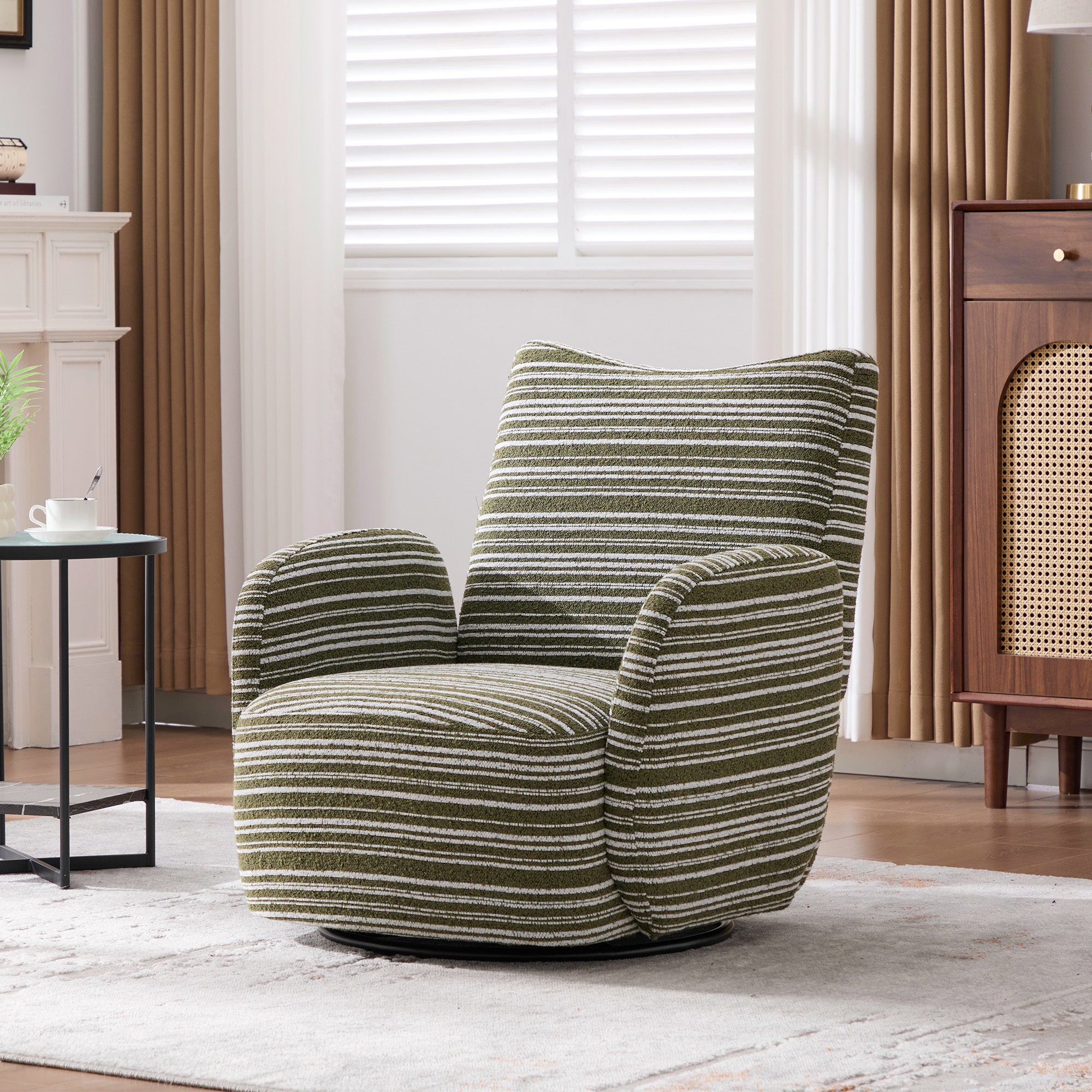 Modern Style 360° Swivel Leisure Chair Fabric Striped Armrest Swivel Chair with sand-rimmed fabric and metal bracket, suitable for living room, balcony and bedroom Accent Chair