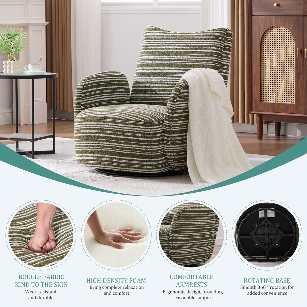 Modern Style 360° Swivel Leisure Chair Fabric Striped Armrest Swivel Chair with sand-rimmed fabric and metal bracket, suitable for living room, balcony and bedroom Accent Chair