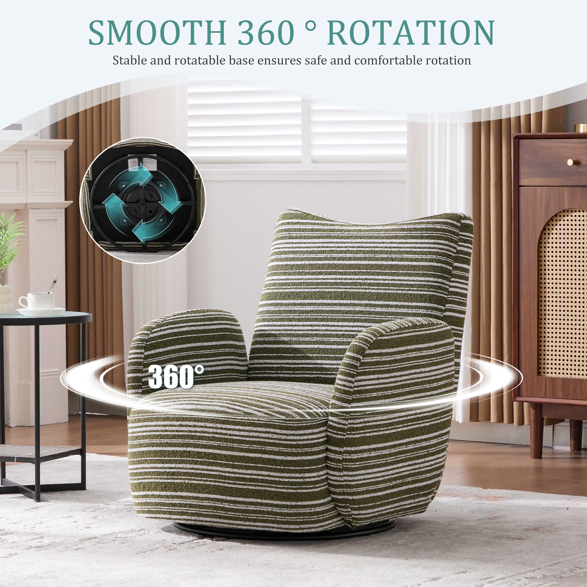 Modern Style 360° Swivel Leisure Chair Fabric Striped Armrest Swivel Chair with sand-rimmed fabric and metal bracket, suitable for living room, balcony and bedroom Accent Chair
