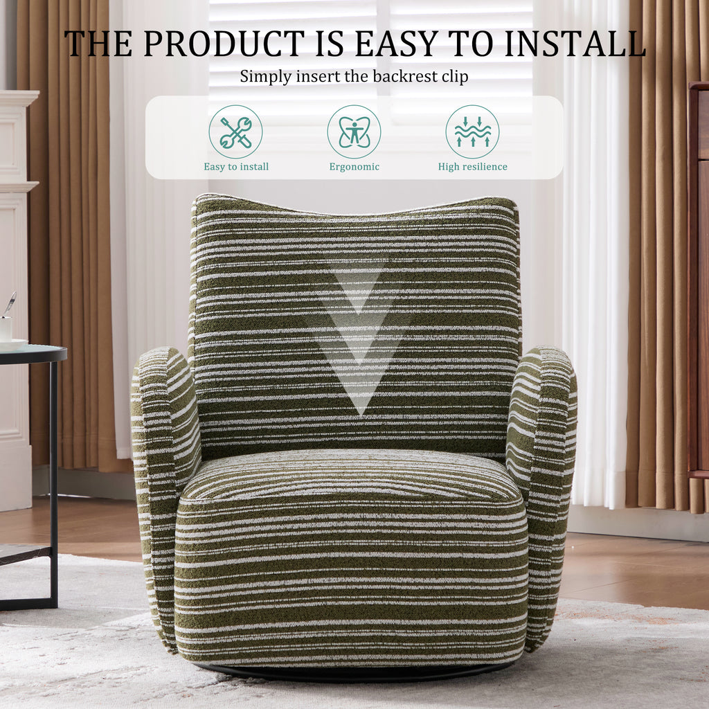 Modern Style 360° Swivel Leisure Chair Fabric Striped Armrest Swivel Chair with sand-rimmed fabric and metal bracket, suitable for living room, balcony and bedroom Accent Chair