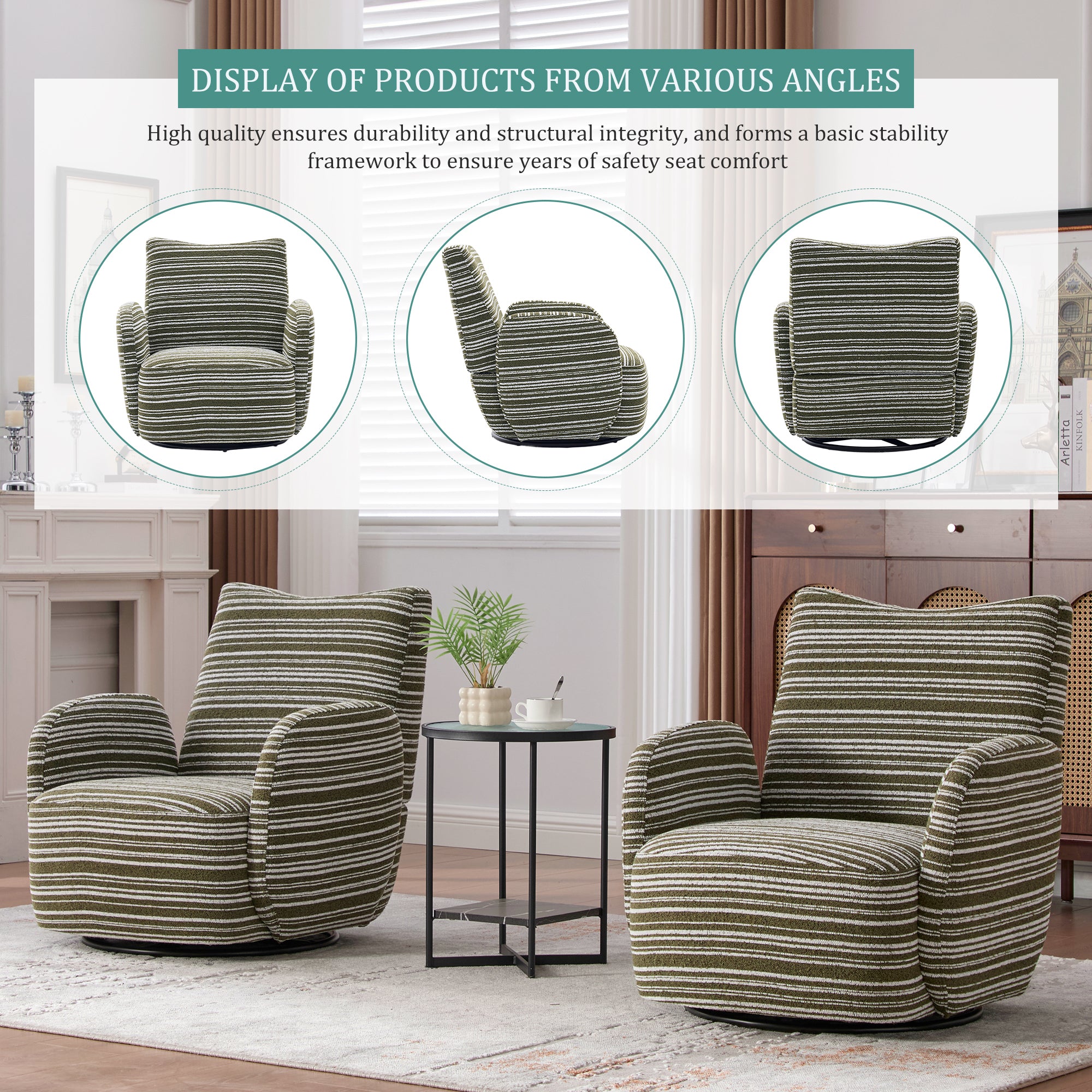 Modern Style 360° Swivel Leisure Chair Fabric Striped Armrest Swivel Chair with sand-rimmed fabric and metal bracket, suitable for living room, balcony and bedroom Accent Chair