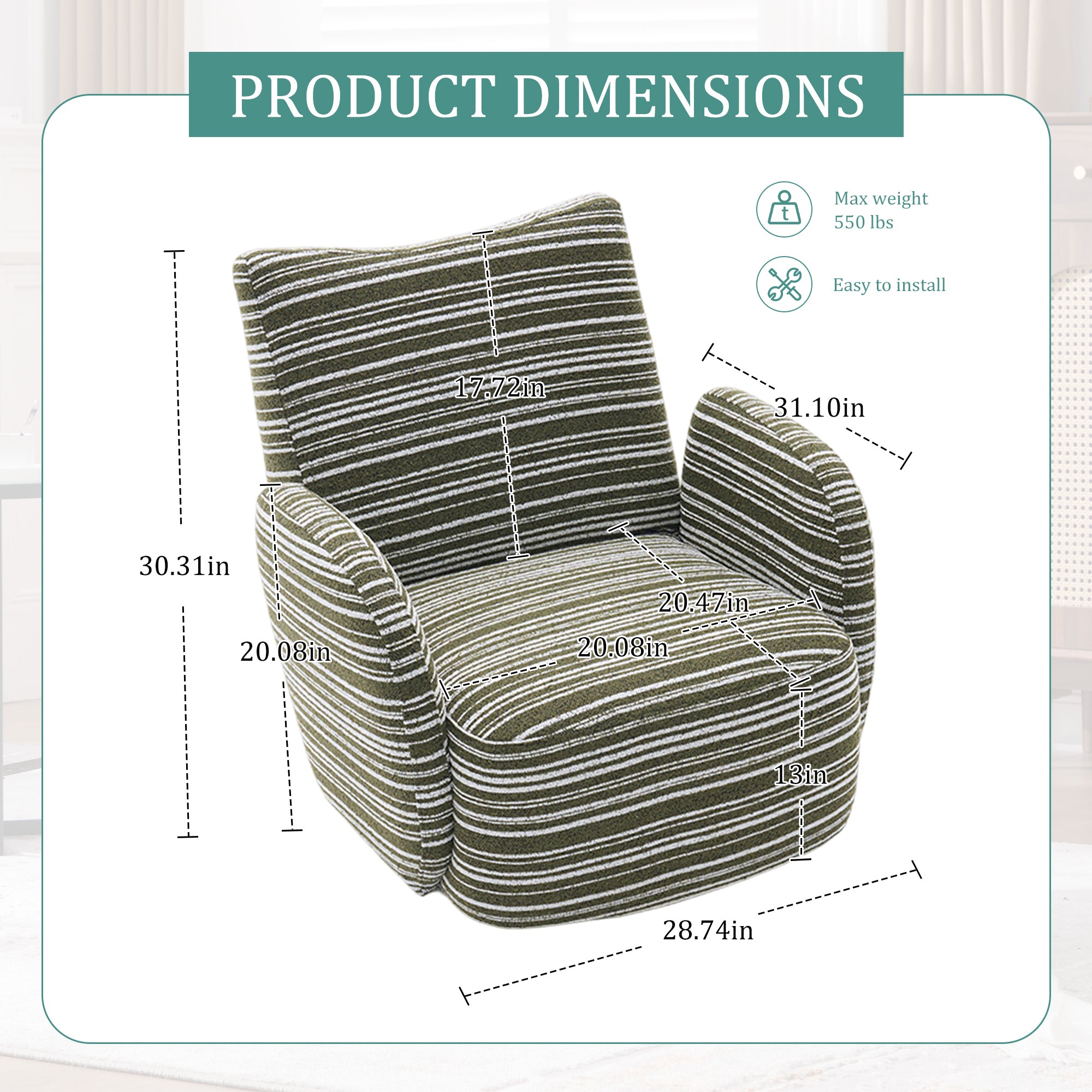 Modern Style 360° Swivel Leisure Chair Fabric Striped Armrest Swivel Chair with sand-rimmed fabric and metal bracket, suitable for living room, balcony and bedroom Accent Chair