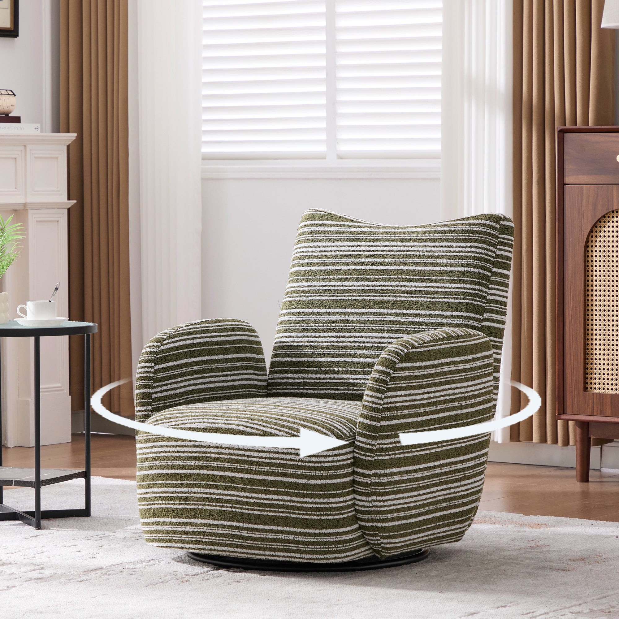 Modern Style 360° Swivel Leisure Chair Fabric Striped Armrest Swivel Chair with sand-rimmed fabric and metal bracket, suitable for living room, balcony and bedroom Accent Chair