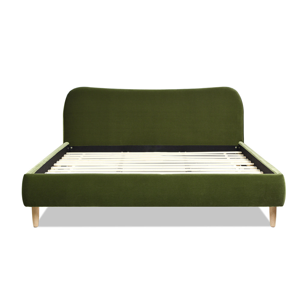 Roman Curved Headboard Upholstered Platform Bed, King, Olive Green Performance Velvet