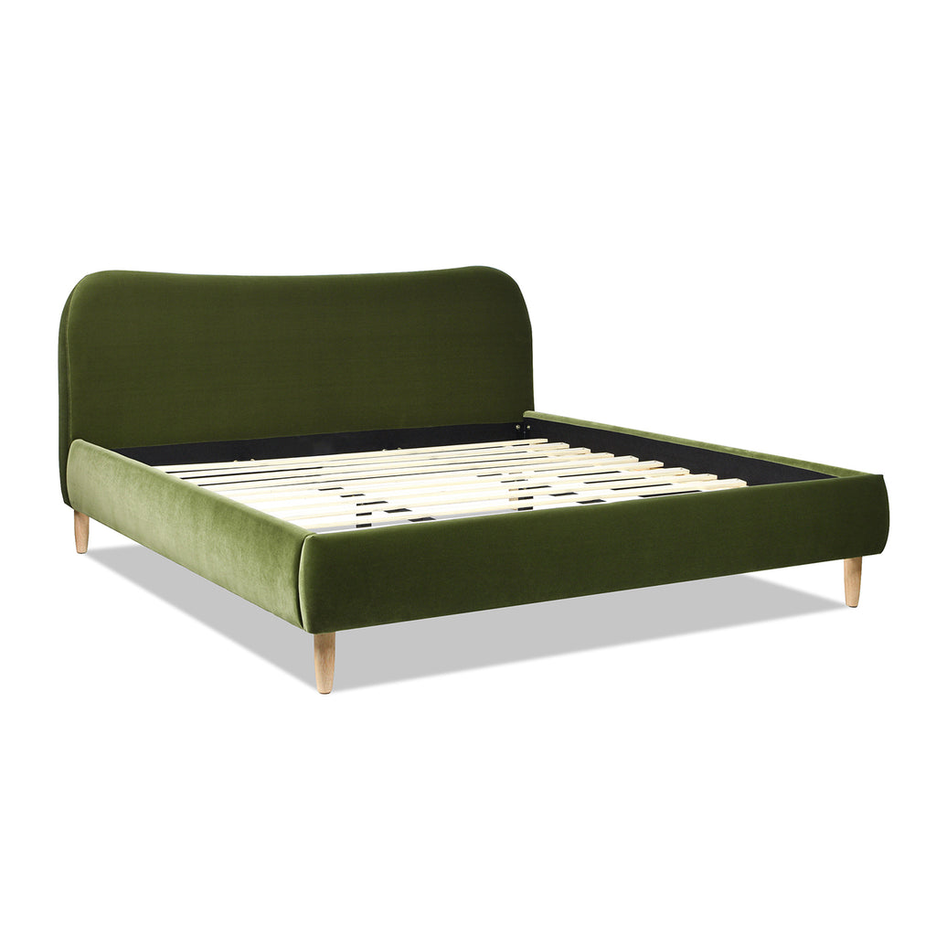 Roman Curved Headboard Upholstered Platform Bed, King, Olive Green Performance Velvet