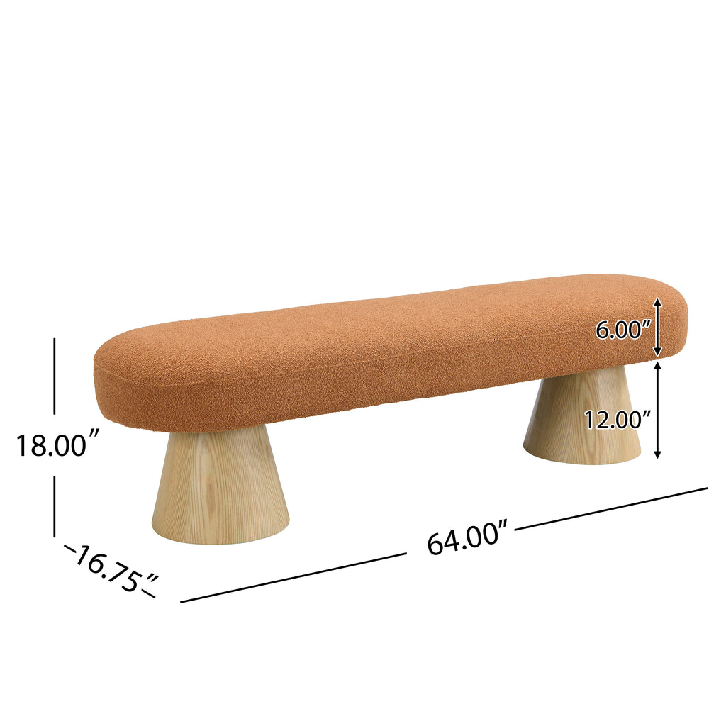 Dining Bench for Dining Room, Upholstered Bedroom End of Bed Entryway Bench, Boucle Ottoman for Living Room, 64'L Orange Stool Top Wood Leg 300 LBS Weight Capacity