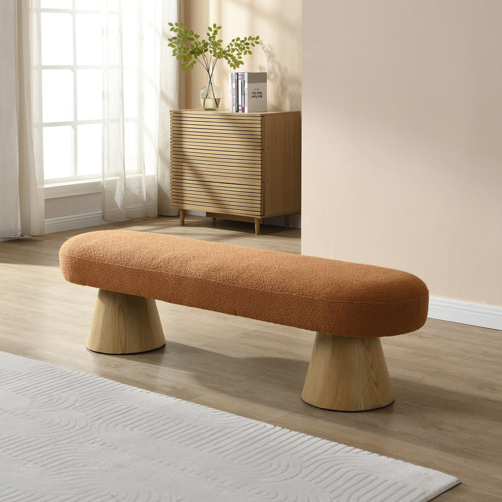 Dining Bench for Dining Room, Upholstered Bedroom End of Bed Entryway Bench, Boucle Ottoman for Living Room, 64'L Orange Stool Top Wood Leg 300 LBS Weight Capacity