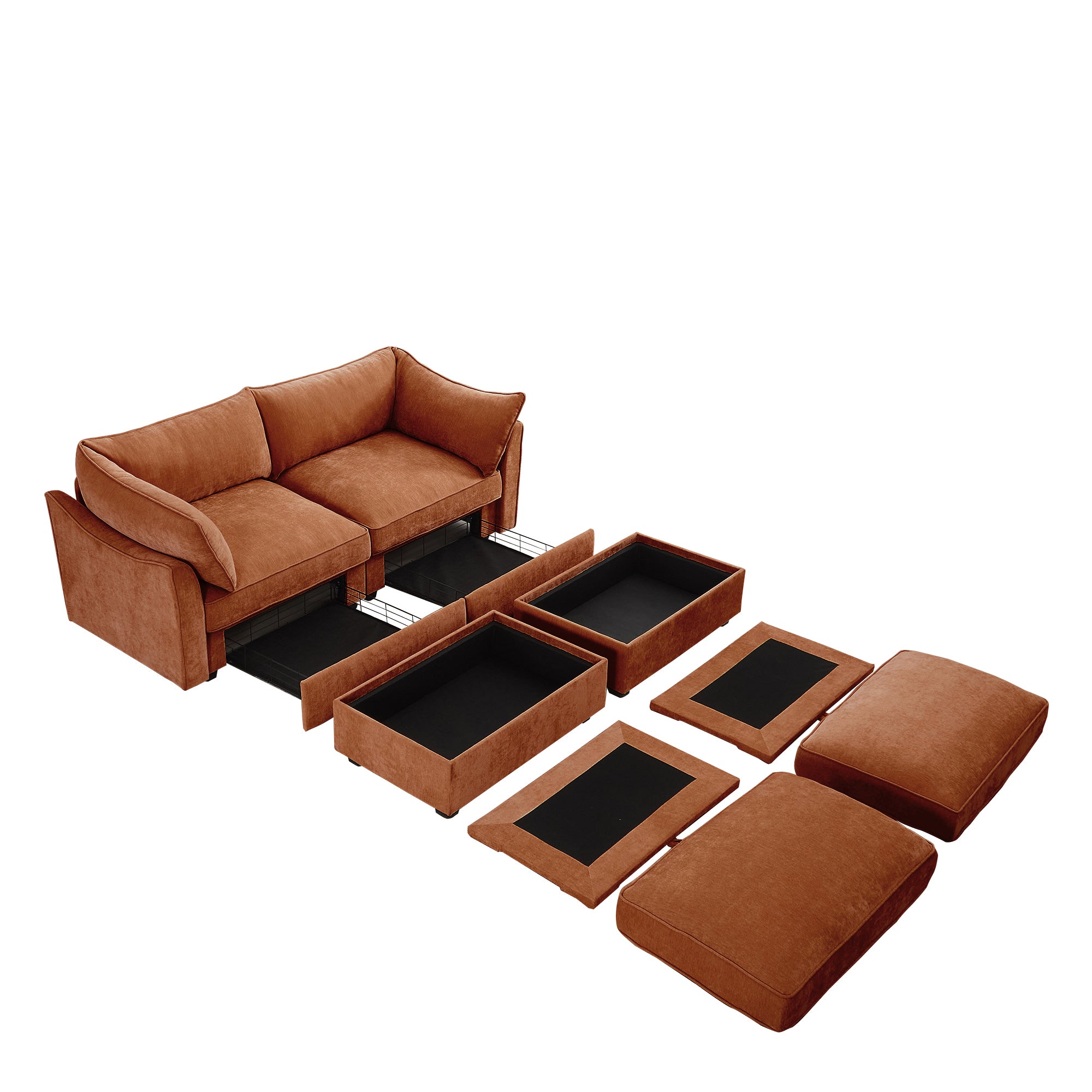 2 Seater Sofa With Footrest , 2-Seat Sofa with 2 Movable Ottoman, Pull out Storage Drawer Under Each Seat,Chenille Orange
