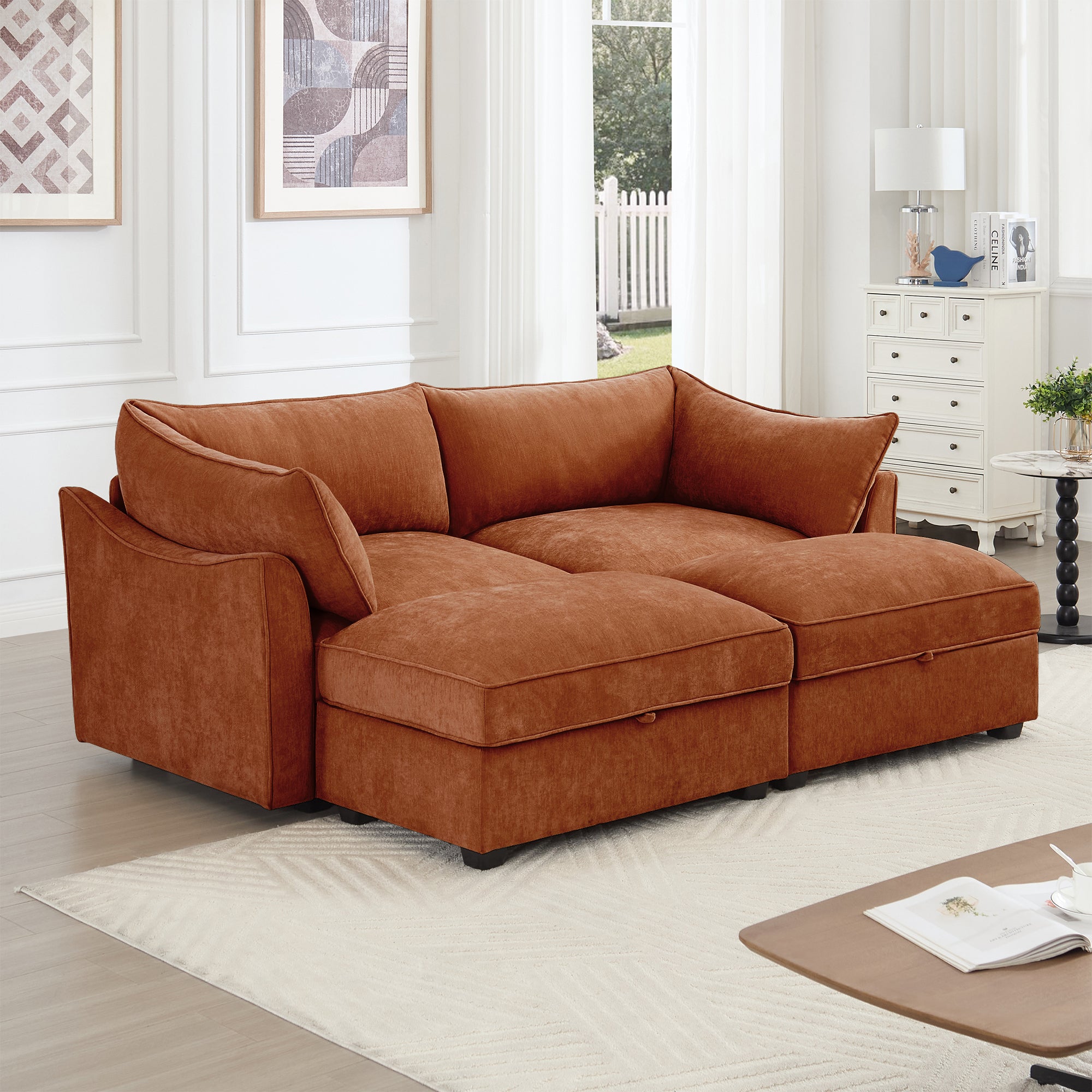 2 Seater Sofa With Footrest , 2-Seat Sofa with 2 Movable Ottoman, Pull out Storage Drawer Under Each Seat,Chenille Orange