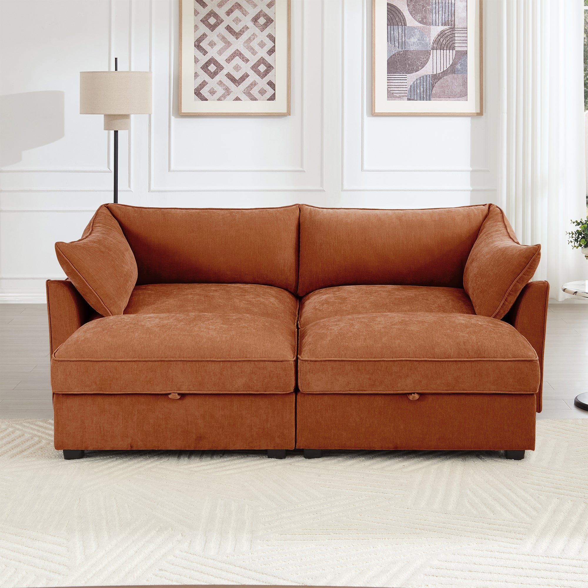 2 Seater Sofa With Footrest , 2-Seat Sofa with 2 Movable Ottoman, Pull out Storage Drawer Under Each Seat,Chenille Orange