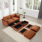 2 Seater Sofa With Footrest , 2-Seat Sofa with 2 Movable Ottoman, Pull out Storage Drawer Under Each Seat,Chenille Orange