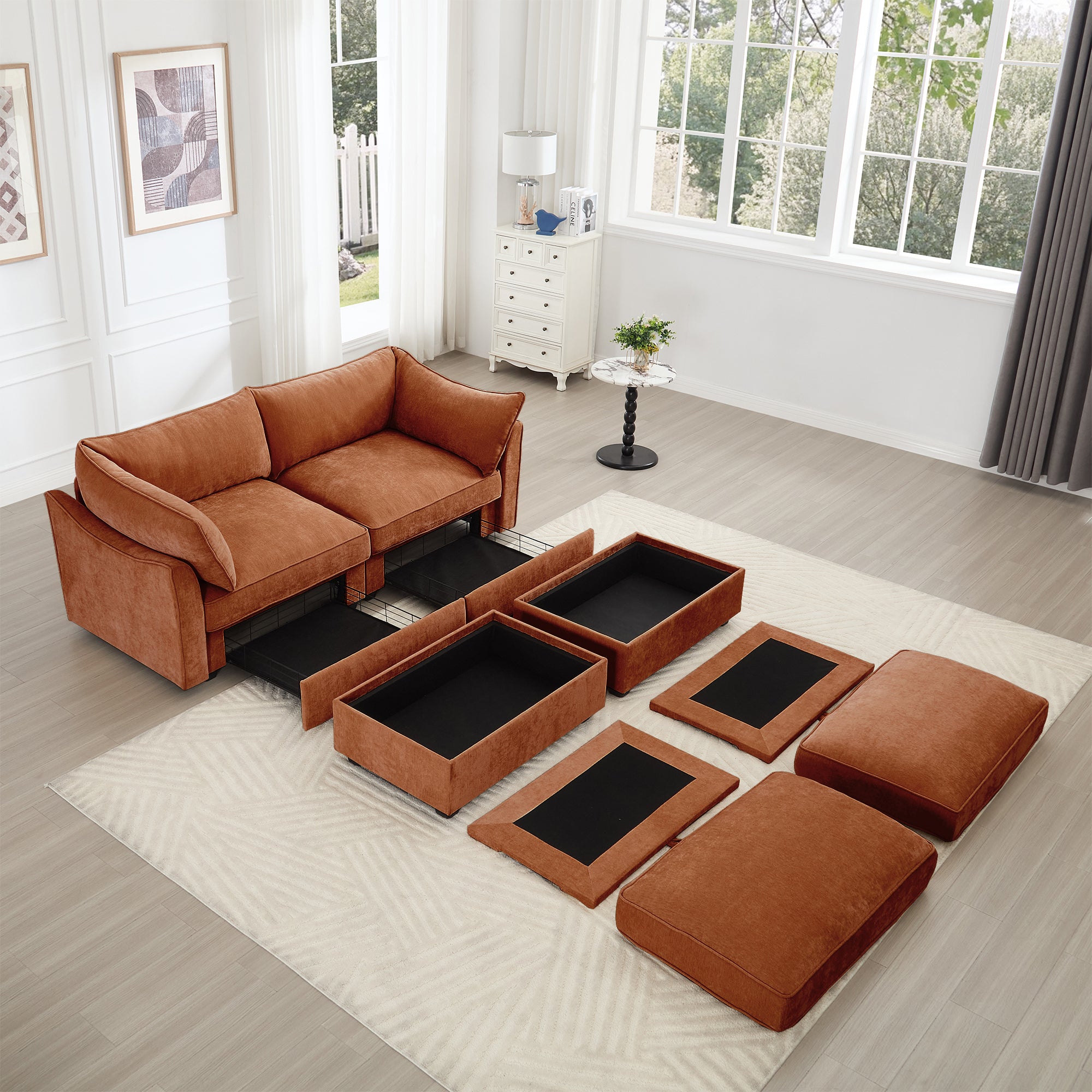 2 Seater Sofa With Footrest , 2-Seat Sofa with 2 Movable Ottoman, Pull out Storage Drawer Under Each Seat,Chenille Orange