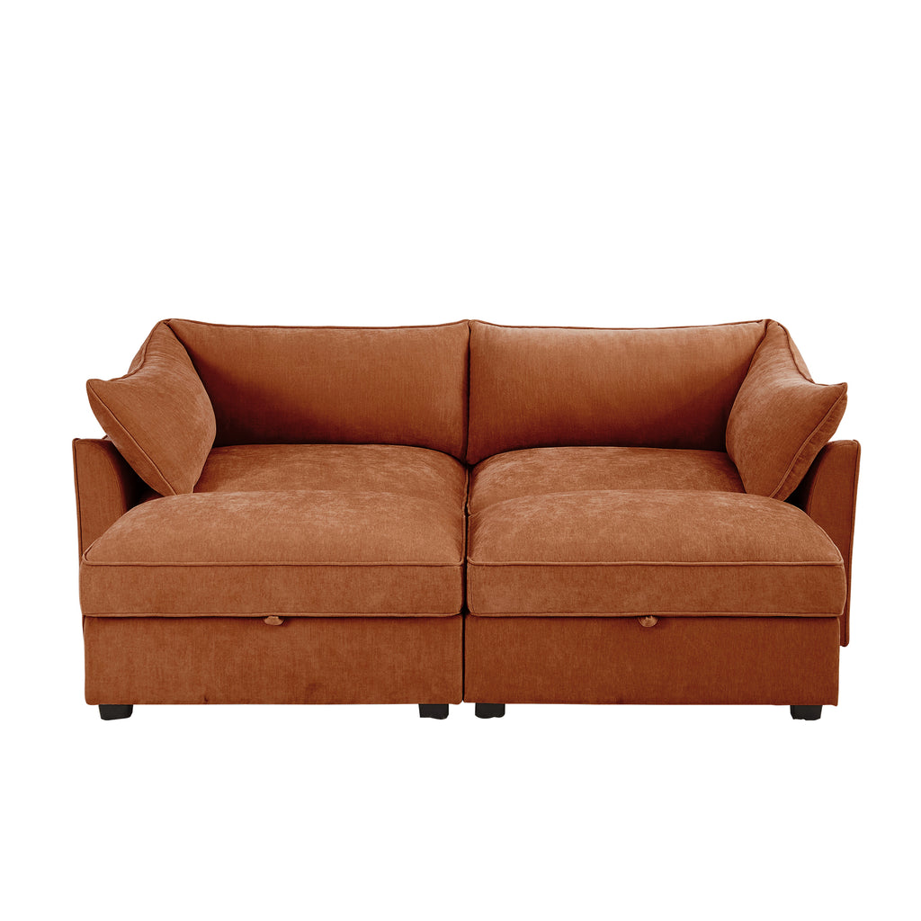 2 Seater Sofa With Footrest , 2-Seat Sofa with 2 Movable Ottoman, Pull out Storage Drawer Under Each Seat,Chenille Orange