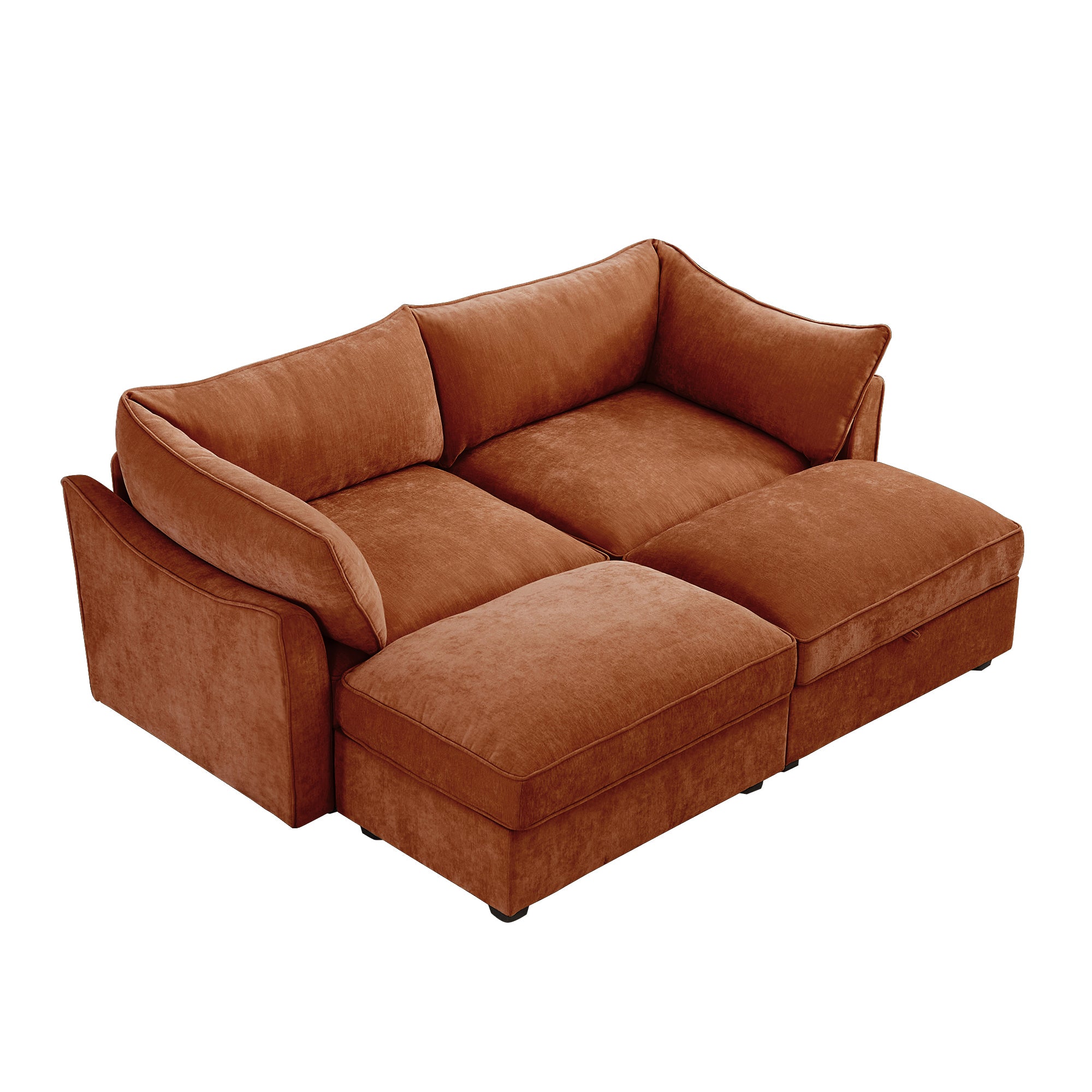 2 Seater Sofa With Footrest , 2-Seat Sofa with 2 Movable Ottoman, Pull out Storage Drawer Under Each Seat,Chenille Orange