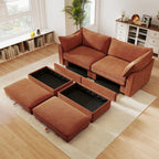 2 Seater Sofa With Footrest , 2-Seat Sofa with 2 Movable Ottoman, Pull out Storage Drawer Under Each Seat,Chenille Orange