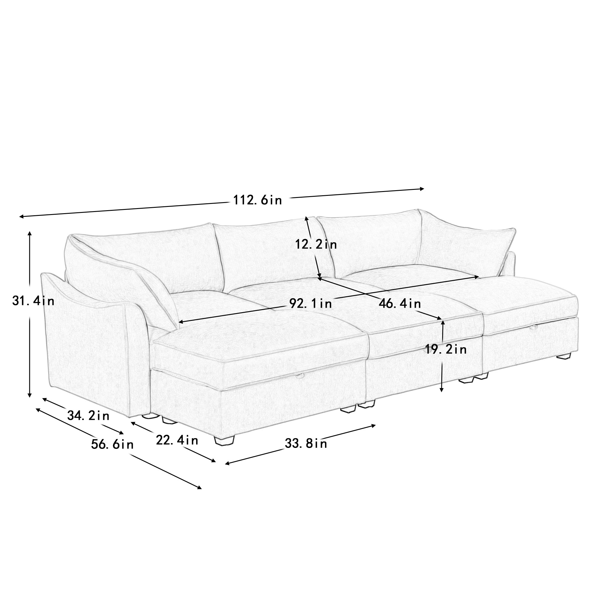 3 Seater Sofa With 3 Ottomans, Wide and Deep Seat 3-Seat Home Theater Sleeper Sofa for Living Room,Modular Sectional Sofa with Storage Pull out Drawer Under Each SeatChenille Orange