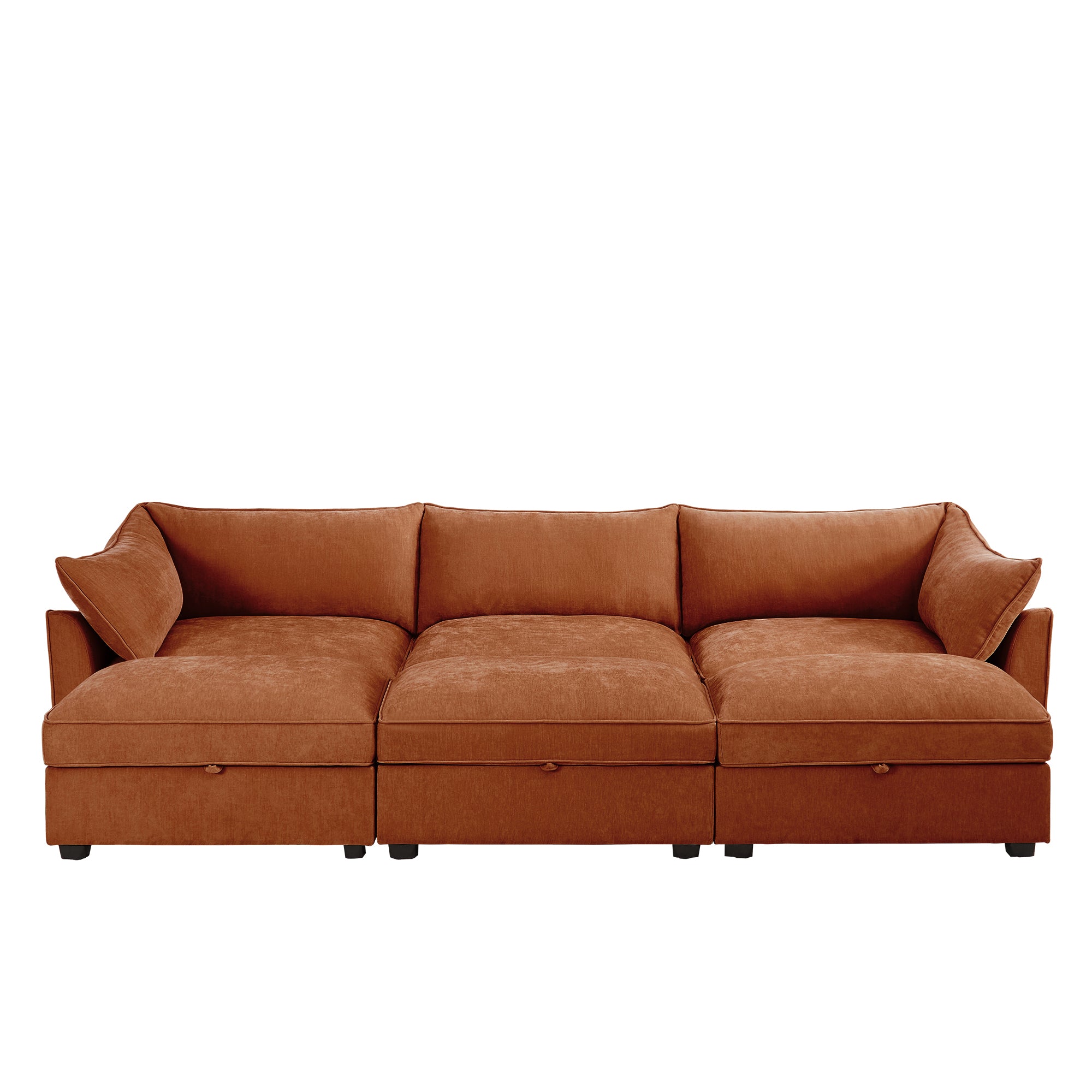 3 Seater Sofa With 3 Ottomans, Wide and Deep Seat 3-Seat Home Theater Sleeper Sofa for Living Room,Modular Sectional Sofa with Storage Pull out Drawer Under Each SeatChenille Orange