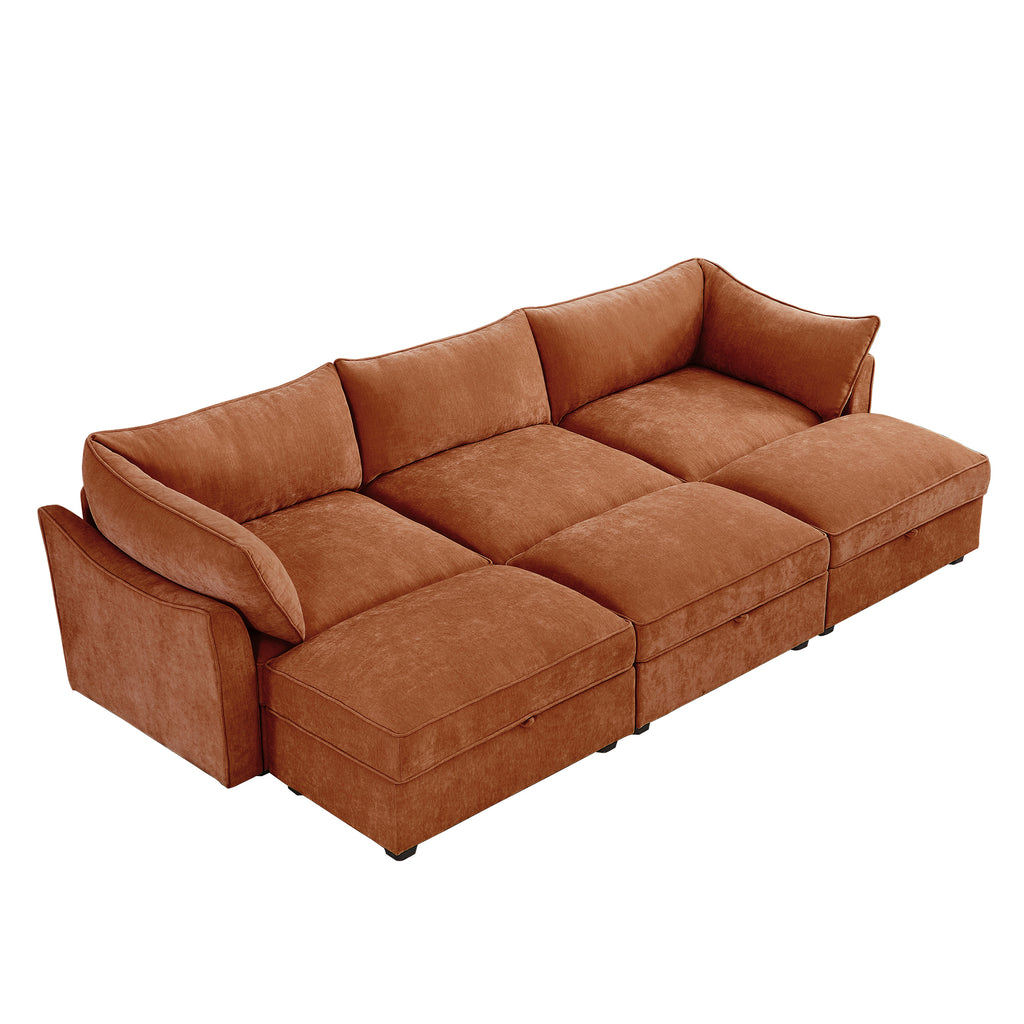 3 Seater Sofa With 3 Ottomans, Wide and Deep Seat 3-Seat Home Theater Sleeper Sofa for Living Room,Modular Sectional Sofa with Storage Pull out Drawer Under Each SeatChenille Orange