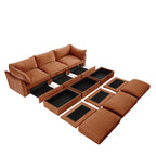 3 Seater Sofa With 3 Ottomans, Wide and Deep Seat 3-Seat Home Theater Sleeper Sofa for Living Room,Modular Sectional Sofa with Storage Pull out Drawer Under Each SeatChenille Orange
