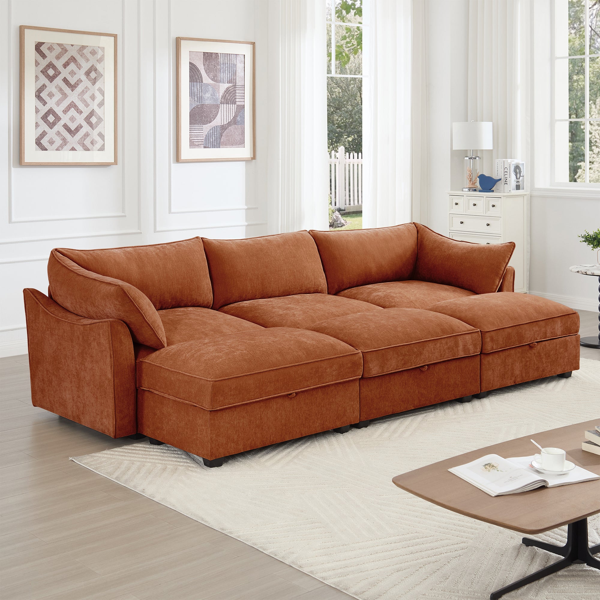 3 Seater Sofa With 3 Ottomans, Wide and Deep Seat 3-Seat Home Theater Sleeper Sofa for Living Room,Modular Sectional Sofa with Storage Pull out Drawer Under Each SeatChenille Orange