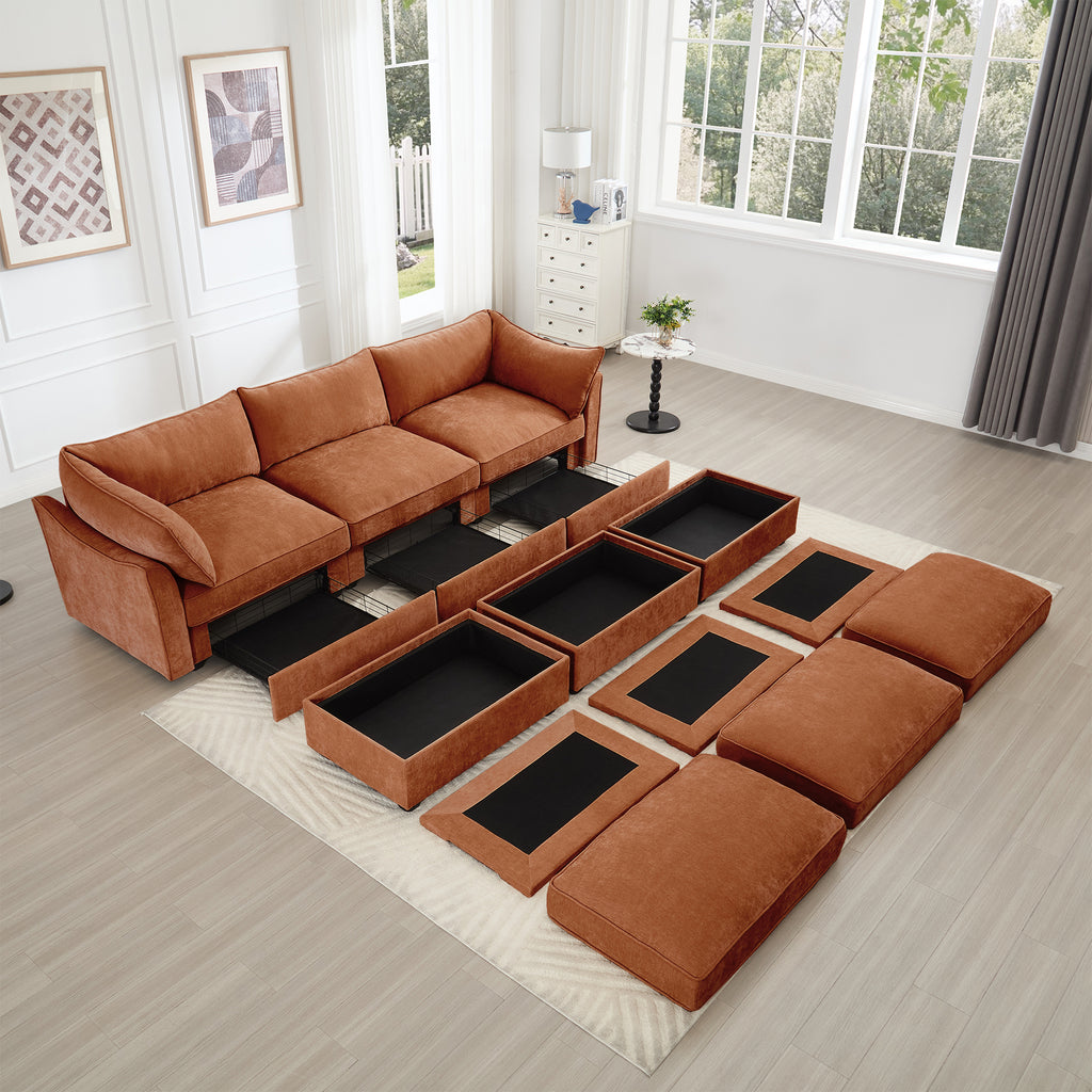 3 Seater Sofa With 3 Ottomans, Wide and Deep Seat 3-Seat Home Theater Sleeper Sofa for Living Room,Modular Sectional Sofa with Storage Pull out Drawer Under Each SeatChenille Orange