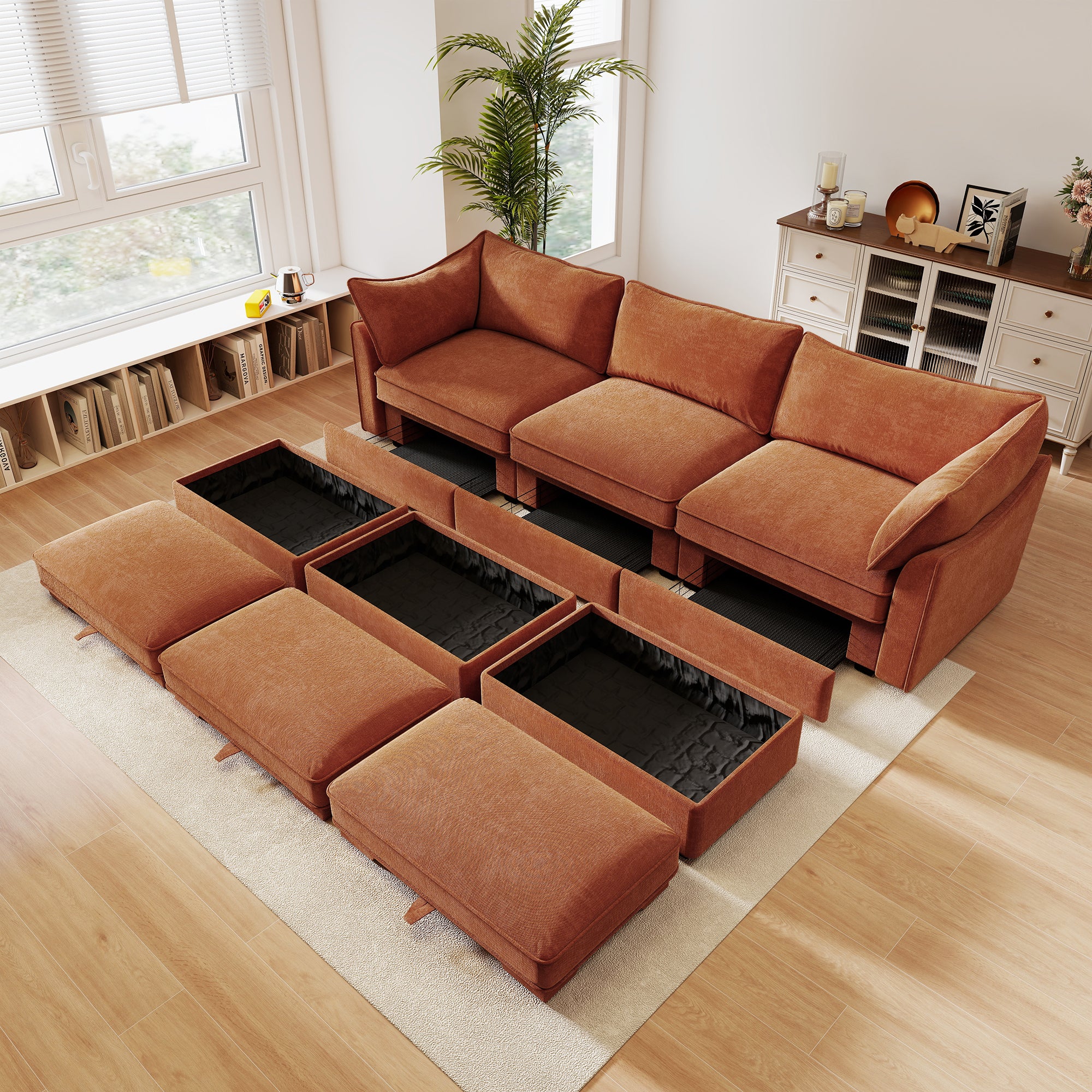 3 Seater Sofa With 3 Ottomans, Wide and Deep Seat 3-Seat Home Theater Sleeper Sofa for Living Room,Modular Sectional Sofa with Storage Pull out Drawer Under Each SeatChenille Orange
