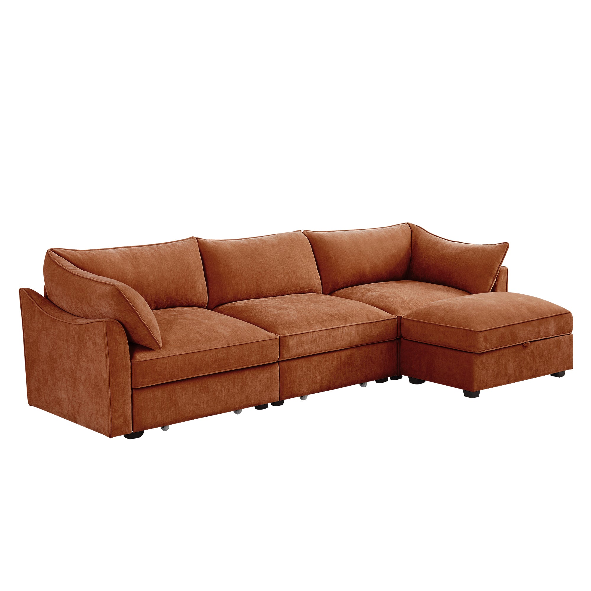 L-Shaped 3 Seater Sectional Sofa Couch,3-seat Sofa with 1 Movable Ottoman, Crescent-shaped Armrests And Wraparound Back & Armrest Cushions,Soft, Comfortable, Wide and Deep Seat, Chenille Orange