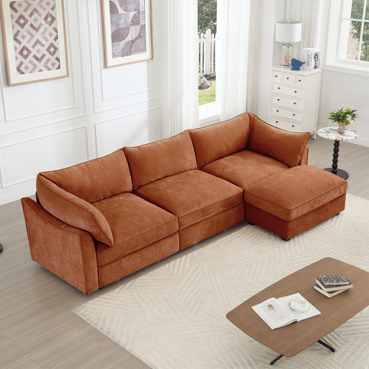 L-Shaped 3 Seater Sectional Sofa Couch,3-seat Sofa with 1 Movable Ottoman, Crescent-shaped Armrests And Wraparound Back & Armrest Cushions,Soft, Comfortable, Wide and Deep Seat, Chenille Orange