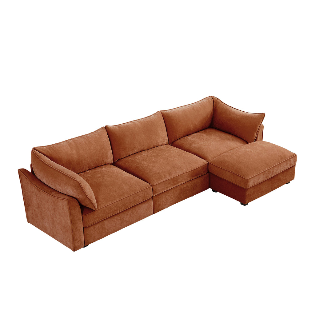 L-Shaped 3 Seater Sectional Sofa Couch,3-seat Sofa with 1 Movable Ottoman, Crescent-shaped Armrests And Wraparound Back & Armrest Cushions,Soft, Comfortable, Wide and Deep Seat, Chenille Orange