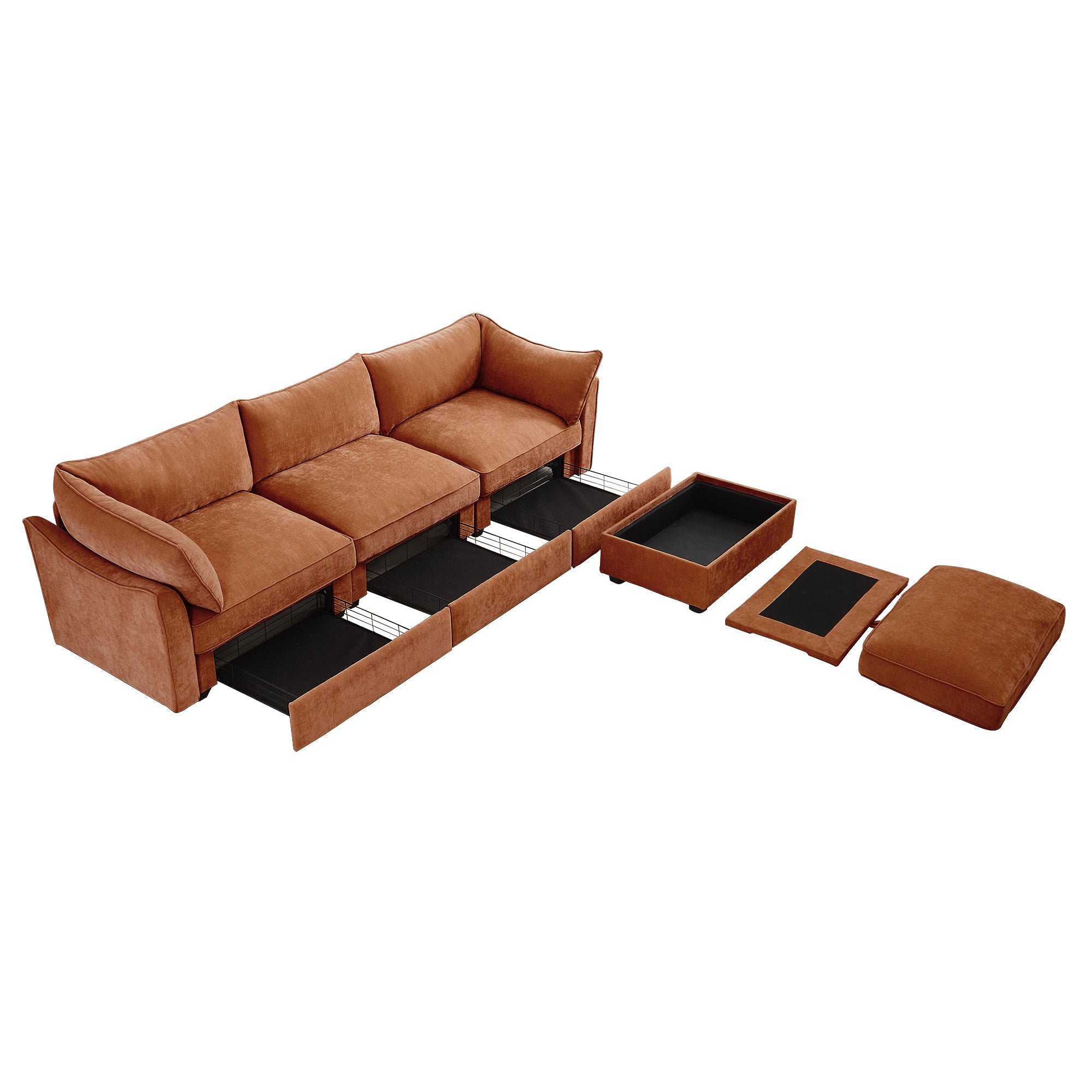 L-Shaped 3 Seater Sectional Sofa Couch,3-seat Sofa with 1 Movable Ottoman, Crescent-shaped Armrests And Wraparound Back & Armrest Cushions,Soft, Comfortable, Wide and Deep Seat, Chenille Orange