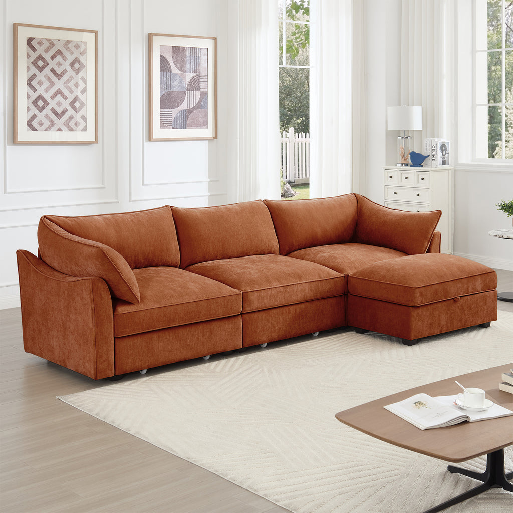 L-Shaped 3 Seater Sectional Sofa Couch,3-seat Sofa with 1 Movable Ottoman, Crescent-shaped Armrests And Wraparound Back & Armrest Cushions,Soft, Comfortable, Wide and Deep Seat, Chenille Orange